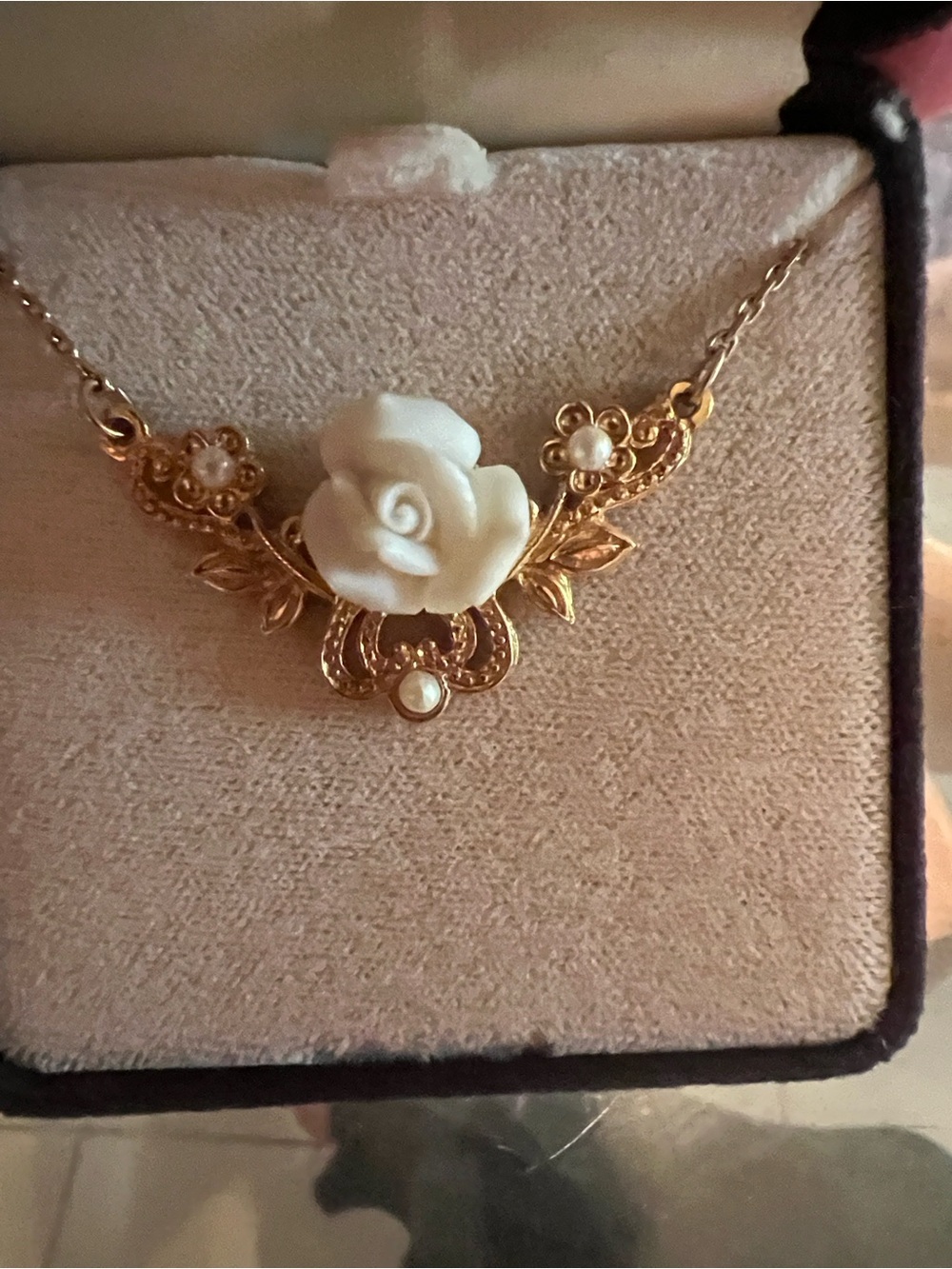Gold-Tone Floral Pendant Necklace with White Porcelain Rose and Pearl accents